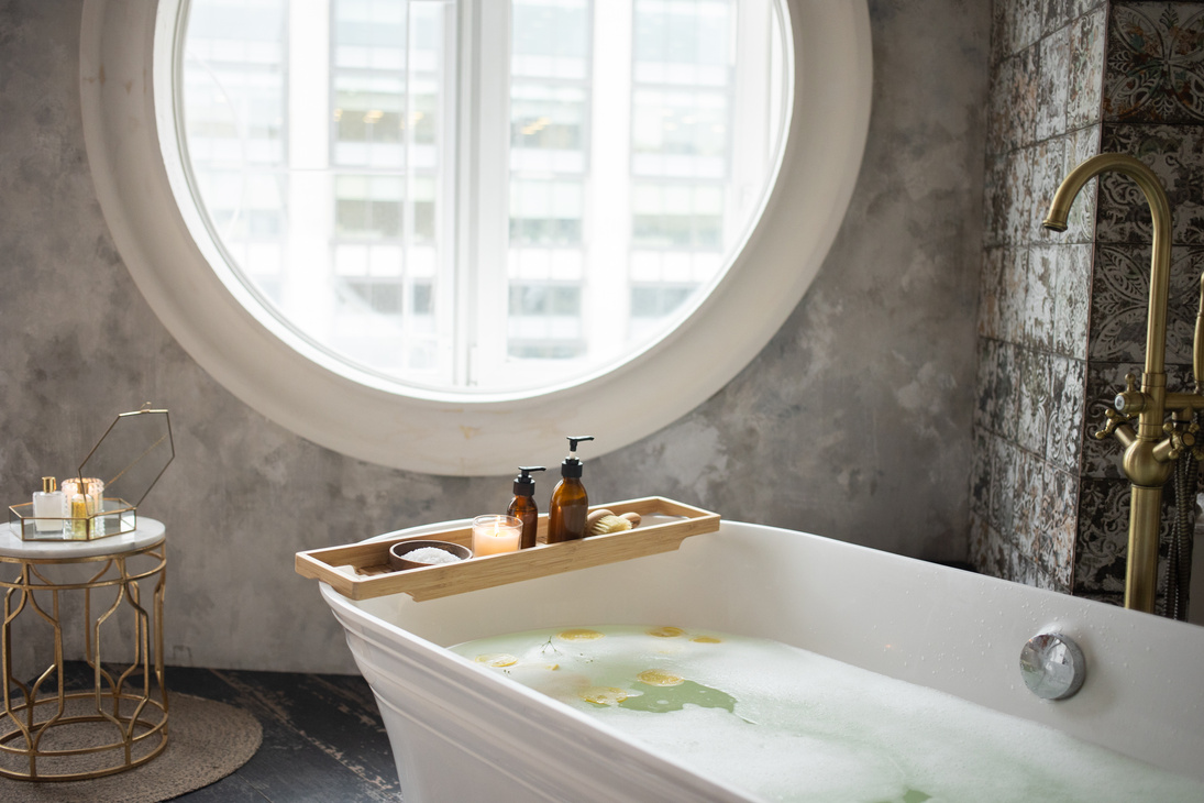 Interior of bathroom with skincare supplies